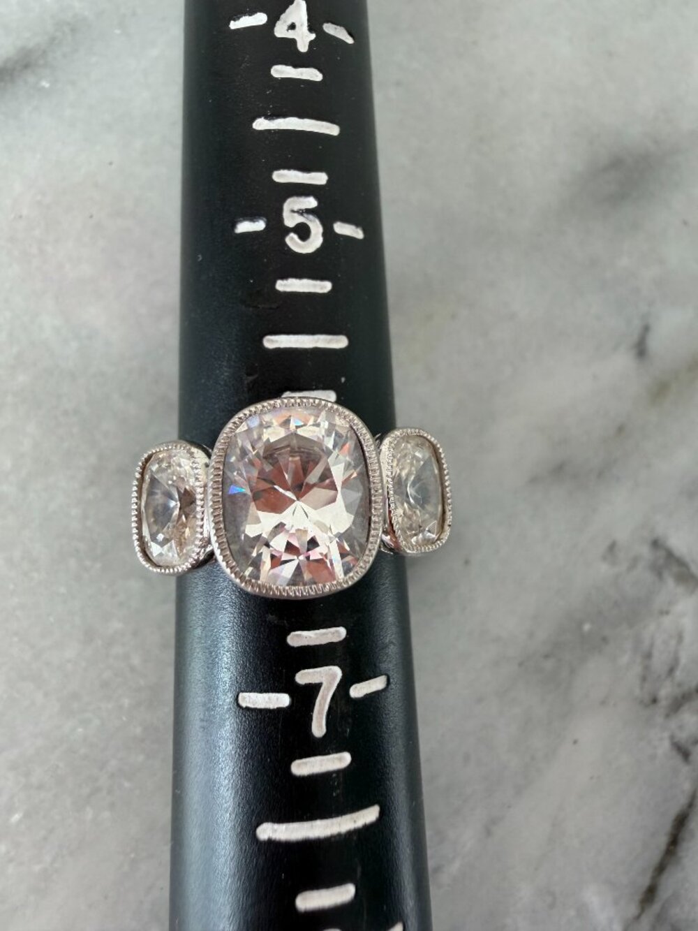 Vintage Jean Dousset Heirloom 925 CZ 3-Stone Mill-grain Cushion Cut Ring - Picture 4 of 17